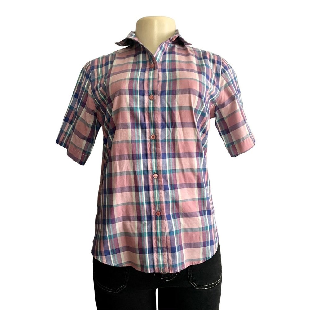 Vintage 60s Plaid Short Sleeves Shirt by Au Courant Size M 8 pink purple unisex.
